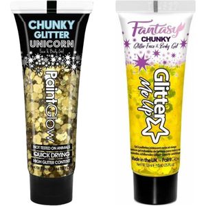 Paintglow Chunky Glittergel voor lichaam en gezicht - 2 tubes - goud en goudgeel - 12 ml