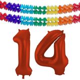 Folat folie ballonnen - Leeftijd cijfer 14 - rood - 86 cm - en 2x slingers