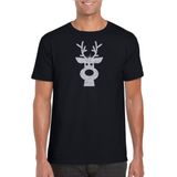 Rendier hoofd Kerst t-shirt - zwart met zilveren glitter bedrukking - heren - Kerstkleding / Kerst outfit