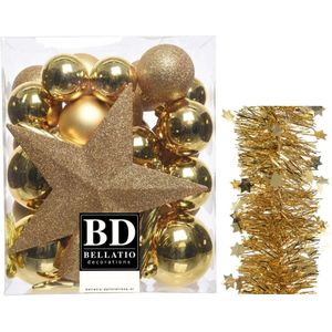Kerstversiering kunststof kerstballen 5-6-8 cm met ster piek en sterren slingers pakket goud van 35x stuks - Kerstboomversiering