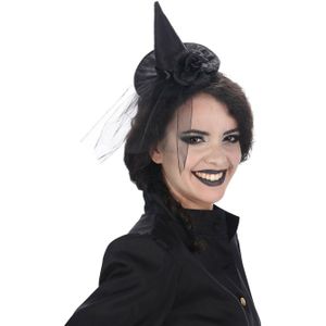 Halloween heksenhoed - mini hoedje op diadeem - one size - zwart - meisjes/dames - Verkleed accessoires