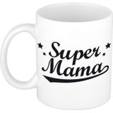 Moeder cadeau Super mama beker / mok 300 ml met beige knuffelbeertje met love hartje - Moederdag cadeautje