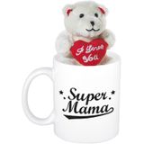 Moeder cadeau Super mama beker / mok 300 ml met beige knuffelbeertje met love hartje - Moederdag cadeautje