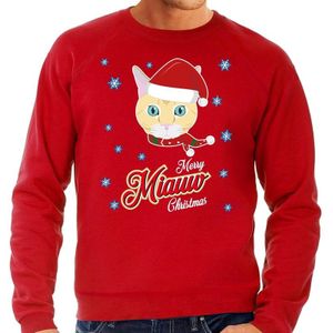 Foute Kersttrui / sweater - Merry Miauw Christmas - kat / poes - rood voor heren - kerstkleding / kerst outfit