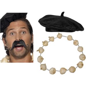 Carnaval verkleed set compleet - Fransman baret met plaksnor - en knoflook ketting - volwassenen - verkleedkleding