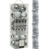 Decoris - kerstballen en slinger - 31x st - zilver kunststof