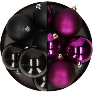 Decoris Kerstballen - 12x st - 8 cm - zwart en paars - kunststof