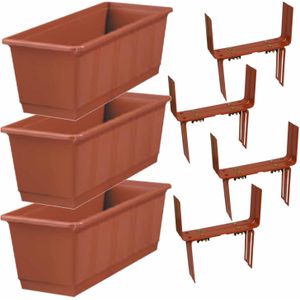 Set van 4 kunststof plantenbakken terracotta rechthoekig 40 cm met 8 verstelbare balkon/muurbeugels