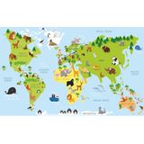 Poster wereldkaart met dieren / natuurlijke leefgebieden kinderen - 84 x 52 cm - kinderkamer / school decoratie natuur posters leerzaam - wereldkaart kinderen / kinderposters - cadeau dierenliefhebber