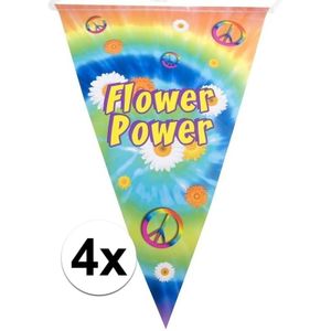 4x Vlaggenlijnen flower power hippie feest decoratie 5 meter - Slingers/vlaggetjes voor themafeestje