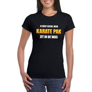 Mijn karate pak zit in de was fun t-shirt dames zwart - Carnaval verkleedkleding