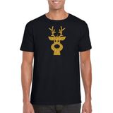 Rendier hoofd Kerst t-shirt - zwart met gouden glitter bedrukking - heren - Kerstkleding / Kerst outfit