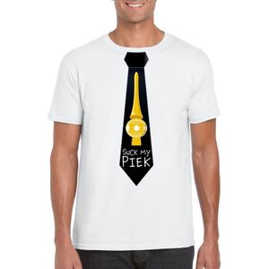 Wit kerst T-shirt voor heren - Suck my Piek zwarte stropdas print