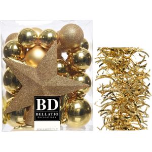 Kerstversiering kunststof kerstballen 5-6-8 cm met ster piek en golf slingers pakket goud van 35x stuks - Kerstboomversiering