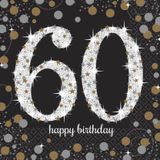 32x stuks 60 jaar verjaardag feest servetten zwart met confetti print 33 x 33 cm - Wegwerp servetjes