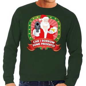 Foute kersttrui / sweater - groen - gangster Kerstman met pistool Can I Borrow Some Presents heren