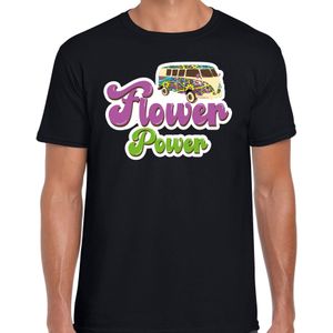 Jaren 60 Flower Power verkleed shirt zwart met hippie busje heren - Sixties/jaren 60 kleding