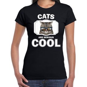 Dieren katten t-shirt zwart dames - cats are serious cool shirt - cadeau t-shirt coole poes/ katten liefhebber