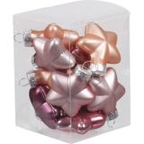 12x Sterretjes kersthangers/kerstballen van glas cherry roze - 4 cm - mat/glans - Kerstboomversiering