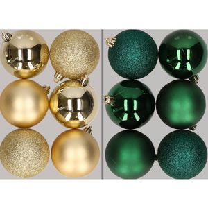 12x stuks kunststof kerstballen mix van goud en donkergroen 8 cm - Kerstversiering