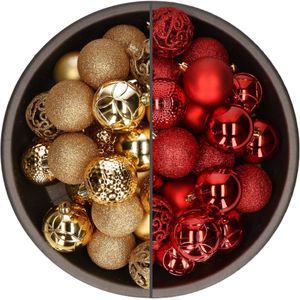 74x stuks kunststof kerstballen mix van goud en rood 6 cm - Kerstversiering