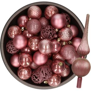Kerstversiering set - 38-dlg - oudroze - kunststof kerstballen en glazen piek