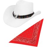 Carnaval verkleedset luxe model cowboyhoed Rodeo - wit - en rode hals zakdoek - voor volwassenen