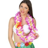 Carnaval verkleedset - Tropical Hawaii party - stro cowboy hoed - en volle bloemenslinger paars - voor volwassenen