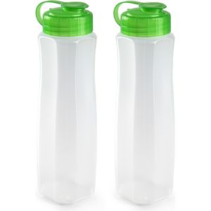 4x stuks kunststof waterflessen 1000 ml transparant met dop groen - Drink/sport/fitness flessen