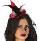 Halloween heksenhoed - mini hoedje op diadeem met sluier - one size - rood - meisjes/dames