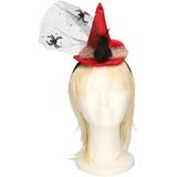 Halloween heksenhoed - mini hoedje op diadeem met sluier - one size - rood - meisjes/dames