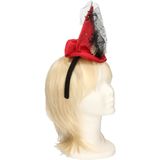 Halloween heksenhoed - mini hoedje op diadeem met sluier - one size - rood - meisjes/dames