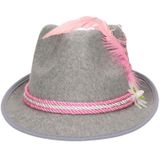 Grijs/roze Tiroler hoedje met veer en bloem voor dames - Oktoberfest/bierfeest feesthoeden - Alpenhoedje/jagershoedje