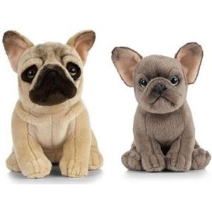 2x Pluche Franse Bulldog honden knuffels 15 en 25 cm speelgoed - Beige moederhond met blauwe/grijze puppy - Honden huisdieren knuffels - Speelgoed voor kinderen