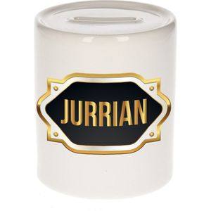 Jurrian naam cadeau spaarpot met gouden embleem - kado verjaardag/ vaderdag/ pensioen/ geslaagd/ bedankt