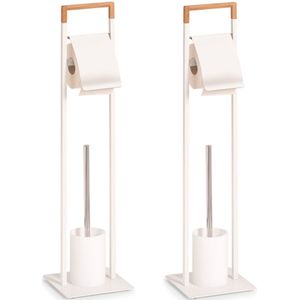 2x Toiletborstels met toiletrolhouder wit metaal/bamboehout 75 cm - Zeller - Huishouding - Badkameraccessoires/benodigdheden - Toiletaccessoires/benodigdheden - Wc-borstels/toiletborstels - Toiletrolhouders
