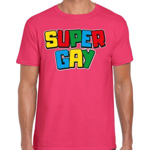 Bellatio Decorations Gay Pride T-shirt voor heren - super gay - fuchsia - pride - regenboog - LHBTI