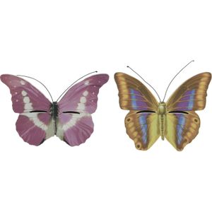 Set van 2x stuks bruin/geel en roze vlinderhuizen 20 cm - Tuindecoratie - Diervriendelijk - Hotel/huisje voor vlinders