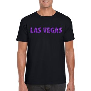 Zwart Las Vegas t-shirt met paarse glitter letters heren - VIP/glamour kleding