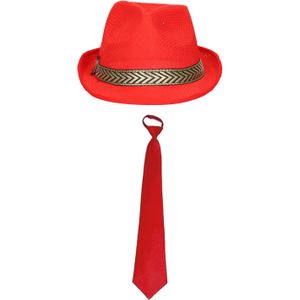 Carnaval verkleedset Redman - hoed en party stropdas - rood - heren/dames - verkleedkleding accessoires