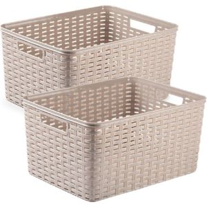 2x stuks rotan gevlochten opbergmand/opbergbox kunststof - taupe - 38 x 28 x 19 cm - Kast mandjes