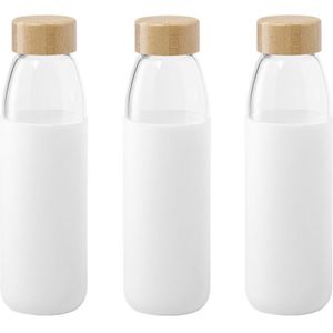 3x Stuks glazen waterfles/drinkfles met witte siliconen bescherm hoes 540 ml - Sportfles - Bidon