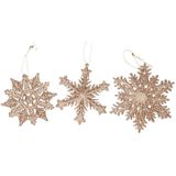 9x Kersthangers figuurtjes koperen sneeuwvlok/ster 10 cm glitter - Sneeuw thema kerstboomhangers - Kerstboomversieringen koper