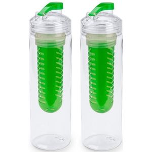 2x Transparante drinkfles/waterfles met  groen fruit infuser/filter 700 ml - Sportfles - BPA-vrij