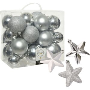 Kerstballen en sterren ornamenten - set 32x stuks - kunststof - zilver