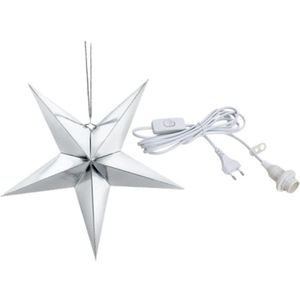 Kerstster decoratie zilveren ster lampion 70 cm inclusief witte lichtkabel