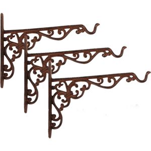 3x Bruine hangpot haken metaal met sierlijke krullen - 26 x 18 cm - Muurpothangers voor plantenbakken/bloembakken - Tuin/muur decoraties