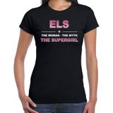 Naam cadeau Els - The woman, The myth the supergirl t-shirt zwart - Shirt verjaardag/ moederdag/ pensioen/ geslaagd/ bedankt