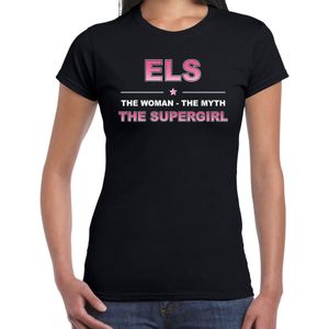 Naam cadeau Els - The woman, The myth the supergirl t-shirt zwart - Shirt verjaardag/ moederdag/ pensioen/ geslaagd/ bedankt