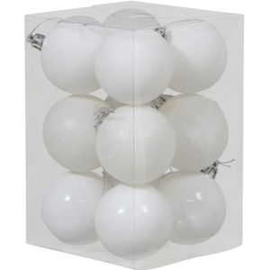 12x Witte kunststof kerstballen 6 cm - Glans/mat/glitter - Onbreekbare plastic kerstballen wit